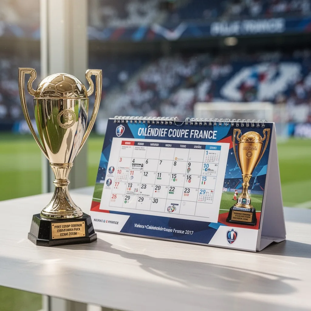 Un ballon de football posé sur la pelouse du Nouste Camp, avec le logo de la Coupe de France en arrière-plan flou.