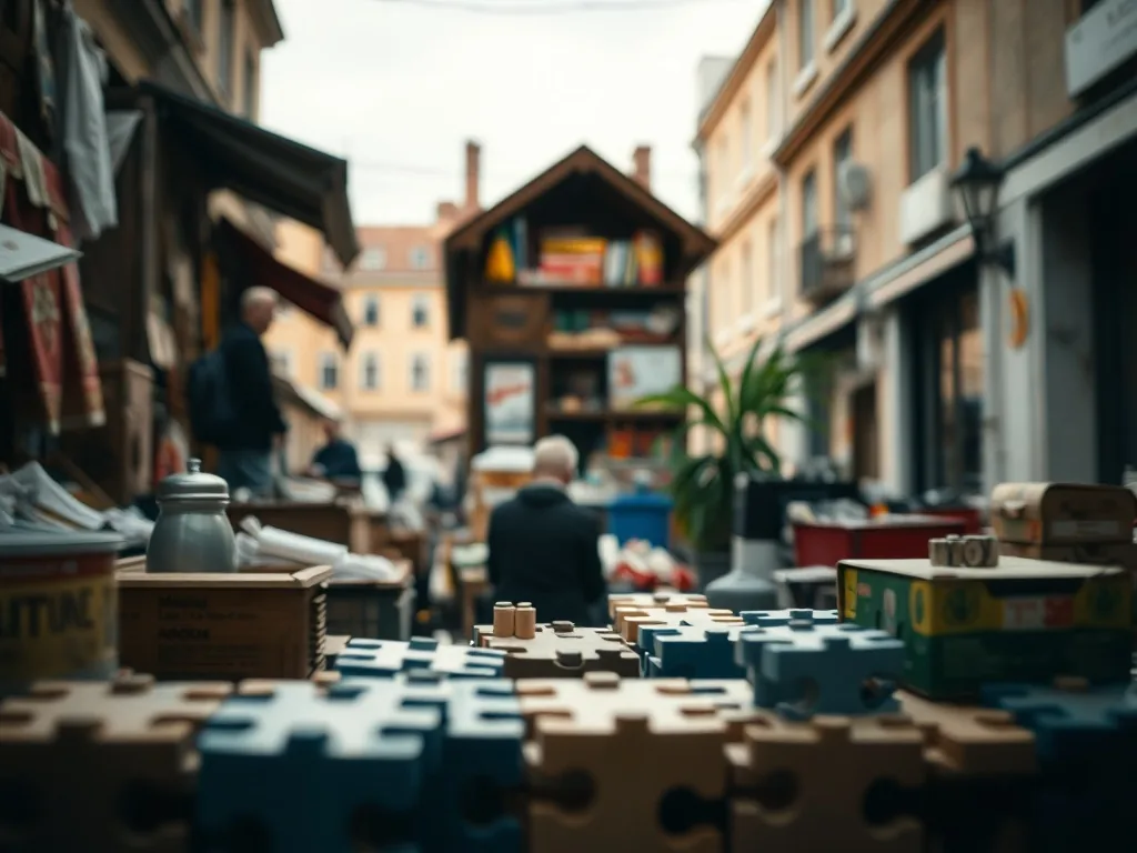 Un puzzle 3D en bois représentant un stade de football, pièces éparpillées autour de la maquette terminée