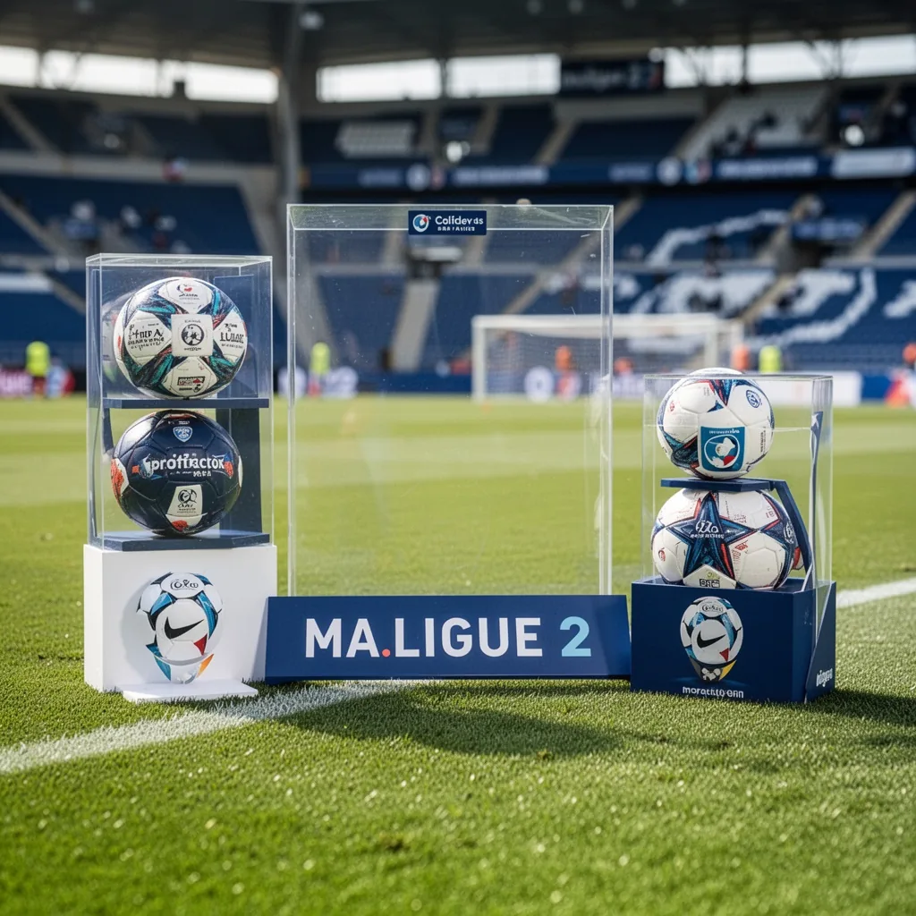 Un joueur du Pau FC célèbre un but au Nouste Camp, avec le logo Ma Ligue 2 incrusté en haut à gauche d'un écran de smartphone