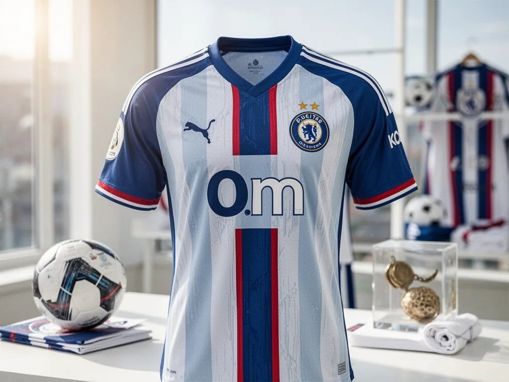 Gros plan sur le logo de l'OM et le nouveau col du maillot domicile 2026