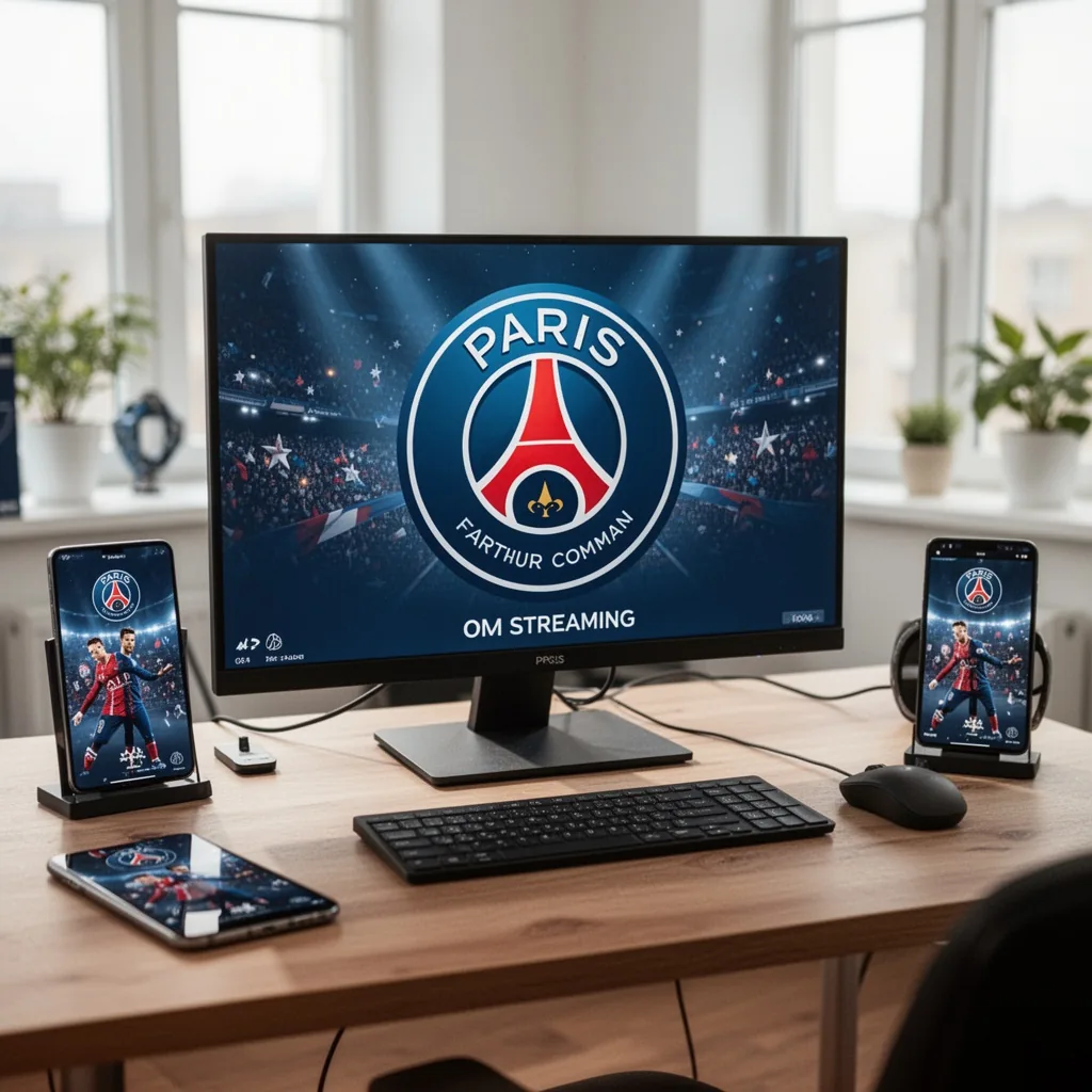 Un écran diffuse le Classique OM-PSG, avec un maillot de l'OM et un maillot du PSG posés à côté, symbolisant le streaming et la rivalité.