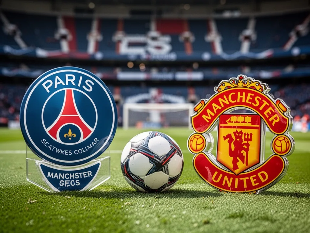 Maillots du PSG et de Manchester City posés côte à côte avant un match de Ligue des champions