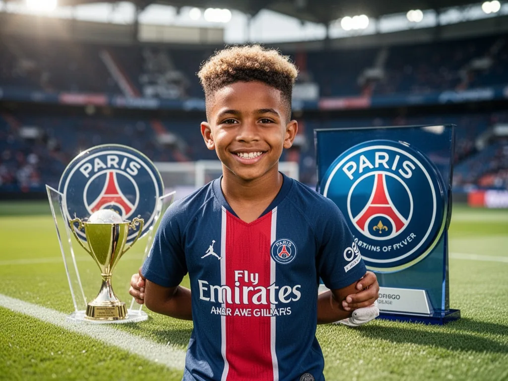 Rodrygo célébrant sous le maillot du Real Madrid, l'ombre du Parc des Princes en arrière-plan